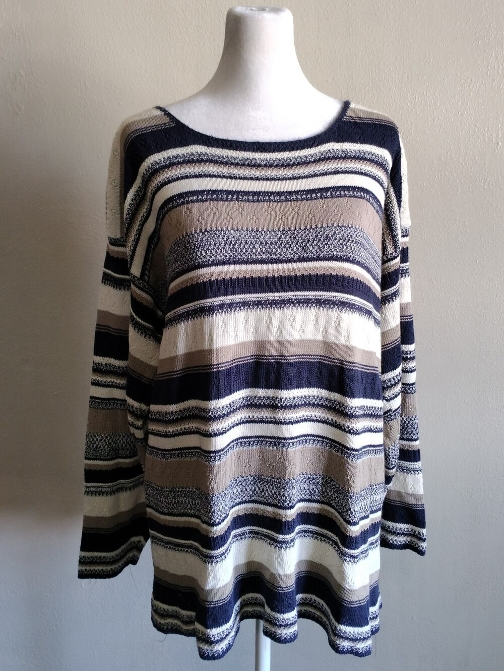 Vintage Fall USA Basic Editions Navy & Cream Striped Sweater Womens Large